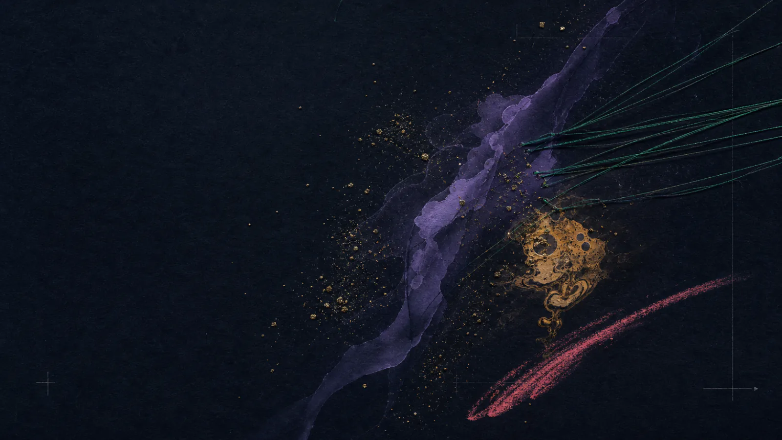 Five motion systems translated into pigment, ink, textile, marbling, and pencil marks on dark paper.